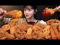 カリカリのフライドチキンにエビスティック ポテトフライ チーズディッピングソースモッパン Mukbang Asmr