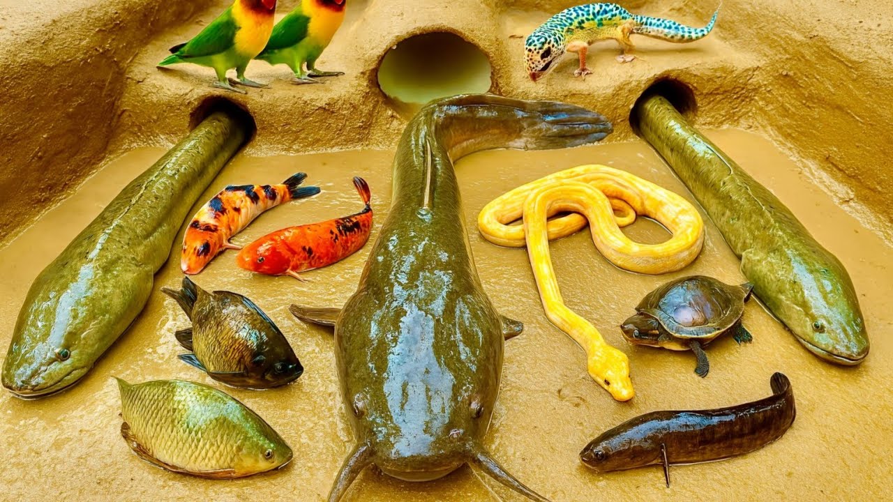 Экстремальная рыбалка в яме! Гигантские сомы, угри, змееголовы и декоративные рыбы.