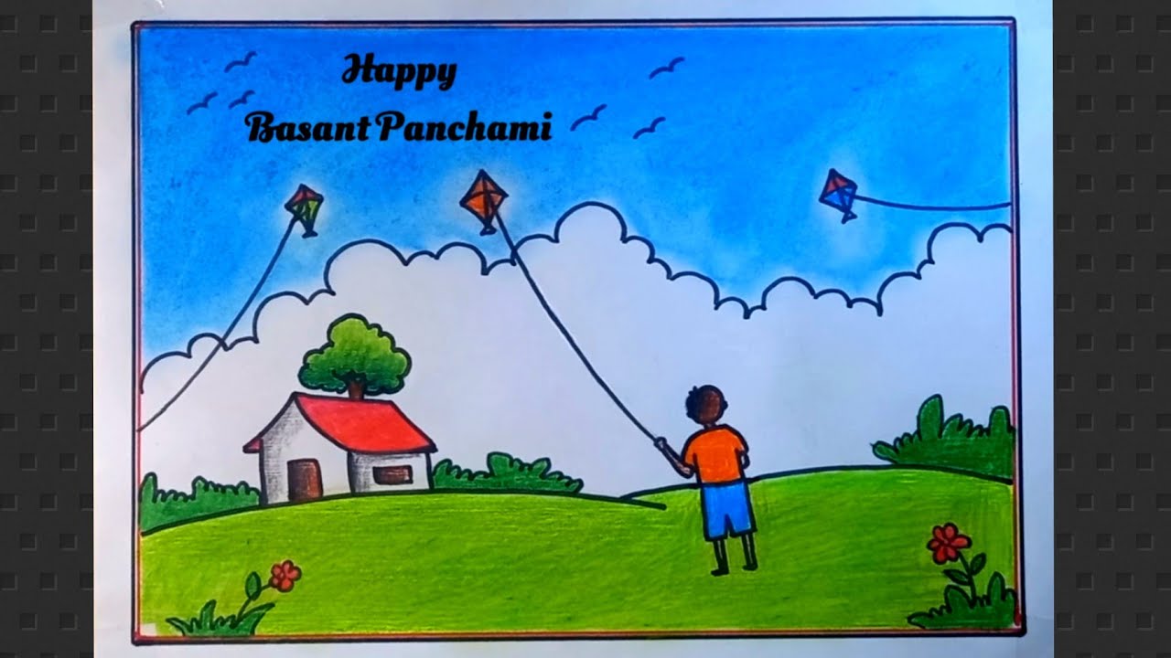 Basant Panchami Scenery Drawing/Happy Basant Panchami Drawing/ Basant ...