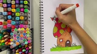 Smurf Mushroom House Drawing and Colouring Easy for Kids