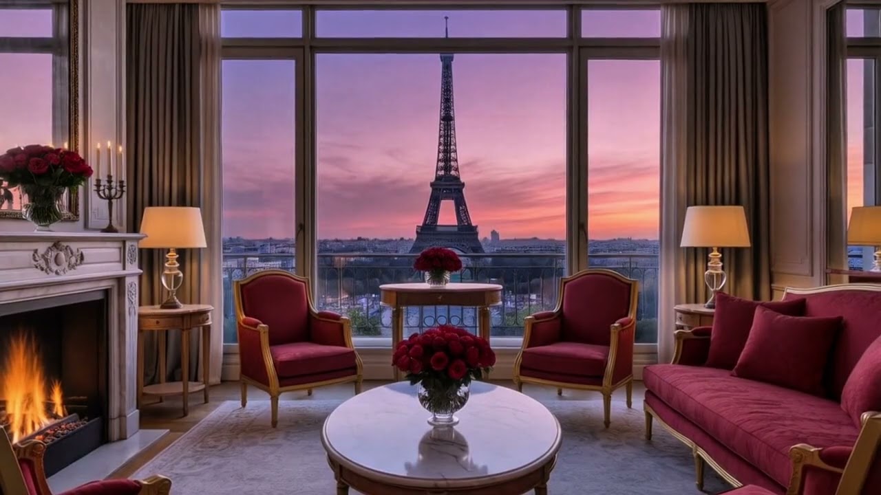 Valentine Sunset in Paris 4K | Cozy Fireplace Ambience with Eiffel Tower View