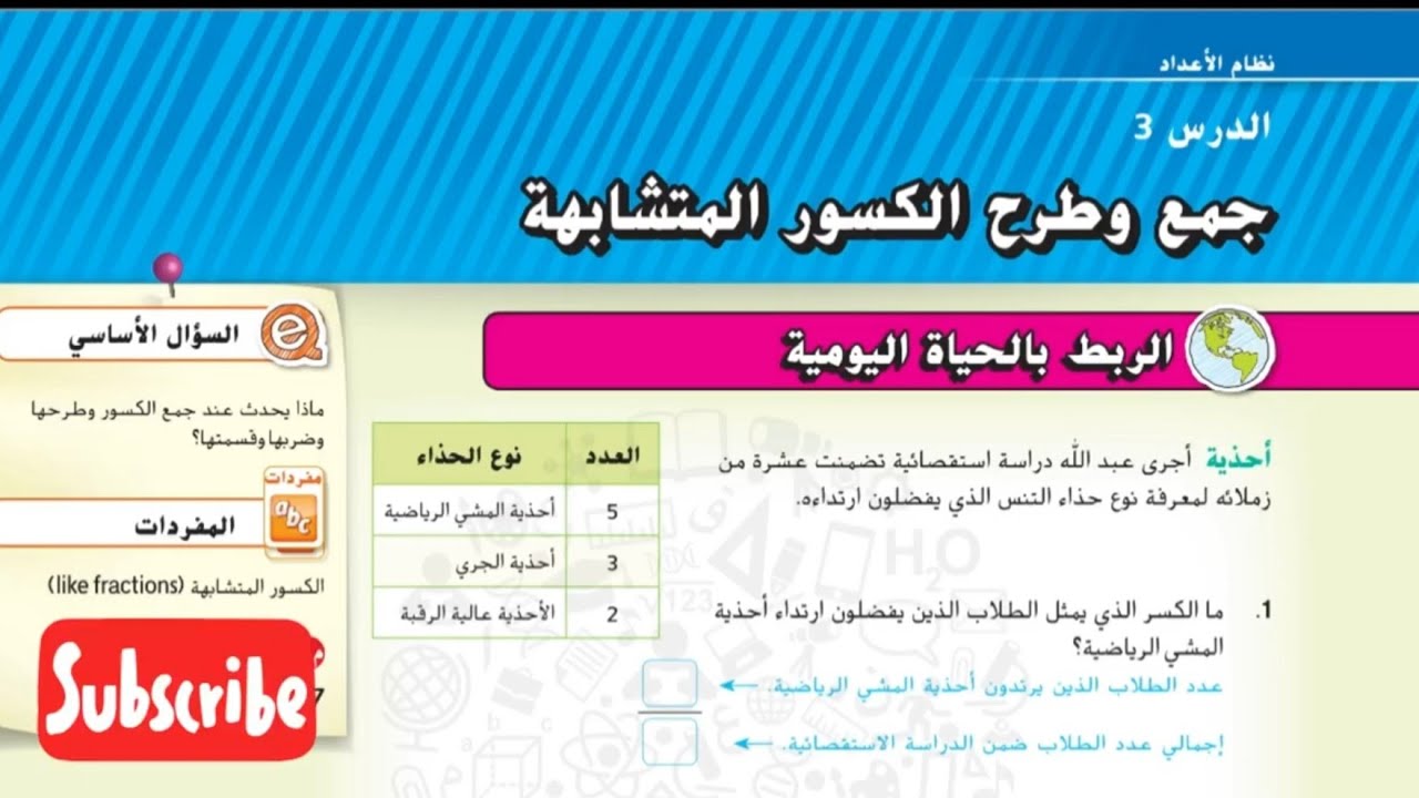 جمع وطرح الكسور المتشابهة رياضيات الصف السابع الوحدة الرابعة الدرس الثالث #رياضيات_الامارات