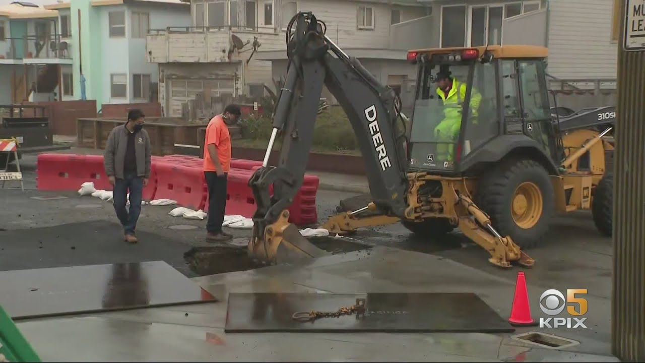 Big Waves Cause Erosion Damage To Street Near Pacifica Pier