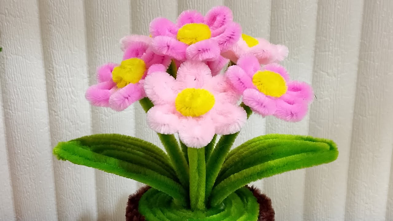 Tutorial Pot Mini bunga Daisy Pink, bunga kawat bulu, pipe cleaner flowers