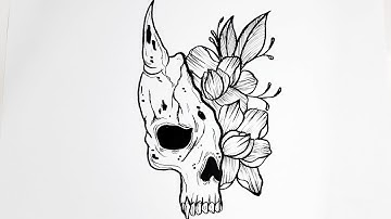 How to draw a skull with flowers || Skull drawing || Tattoo drawing tutorial