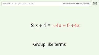 Solve x-1-(3x-5)=-4x+6: Linear Equation Video Solution | Tiger Algebra