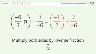 Linear equation with one unknown: Solve -4/7p+(-2/7p)+1/7=0 step-by-step solution
