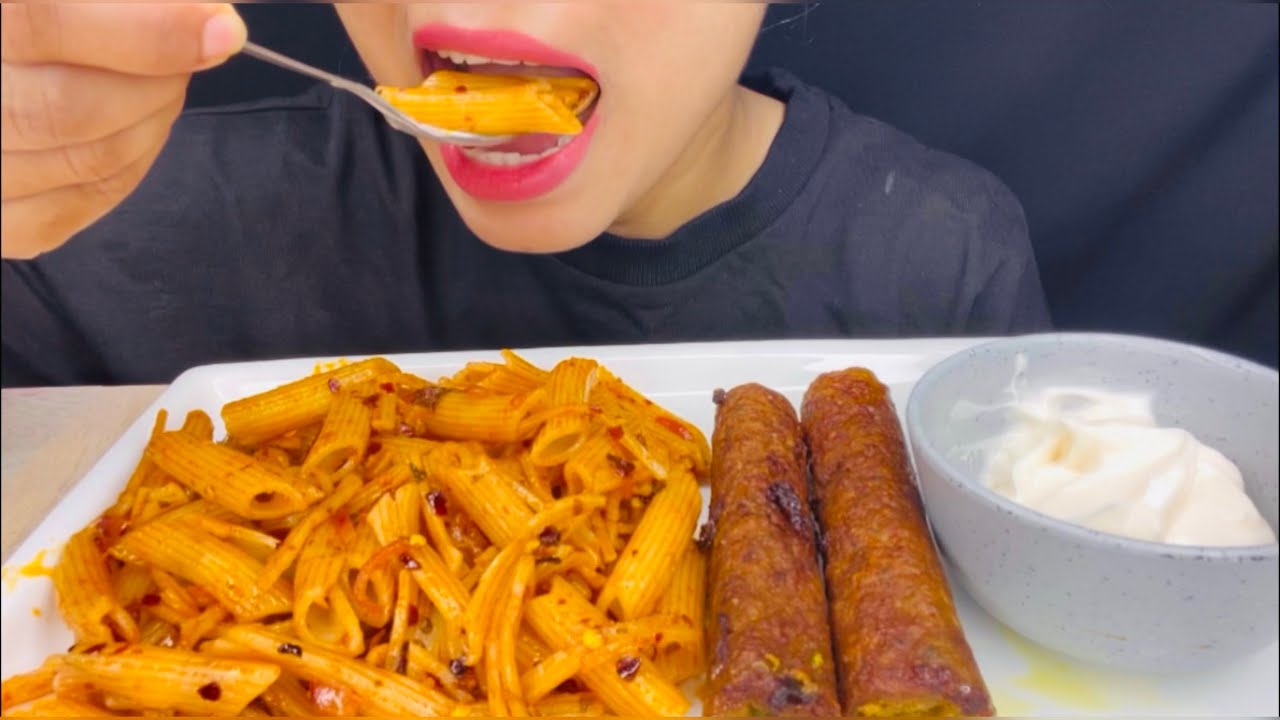 ASMR EATING SPICY PASTA & CHICKEN SEEKH KEBAB EATING PASTA EATING