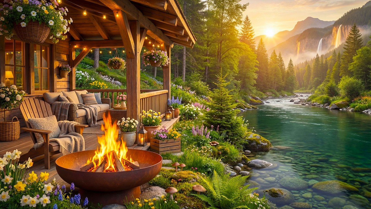 Peaceful Spring Riverside Cabin Porch 🔥🌸 Relaxing Nature Sounds, Campfire & River Sounds for Sleep