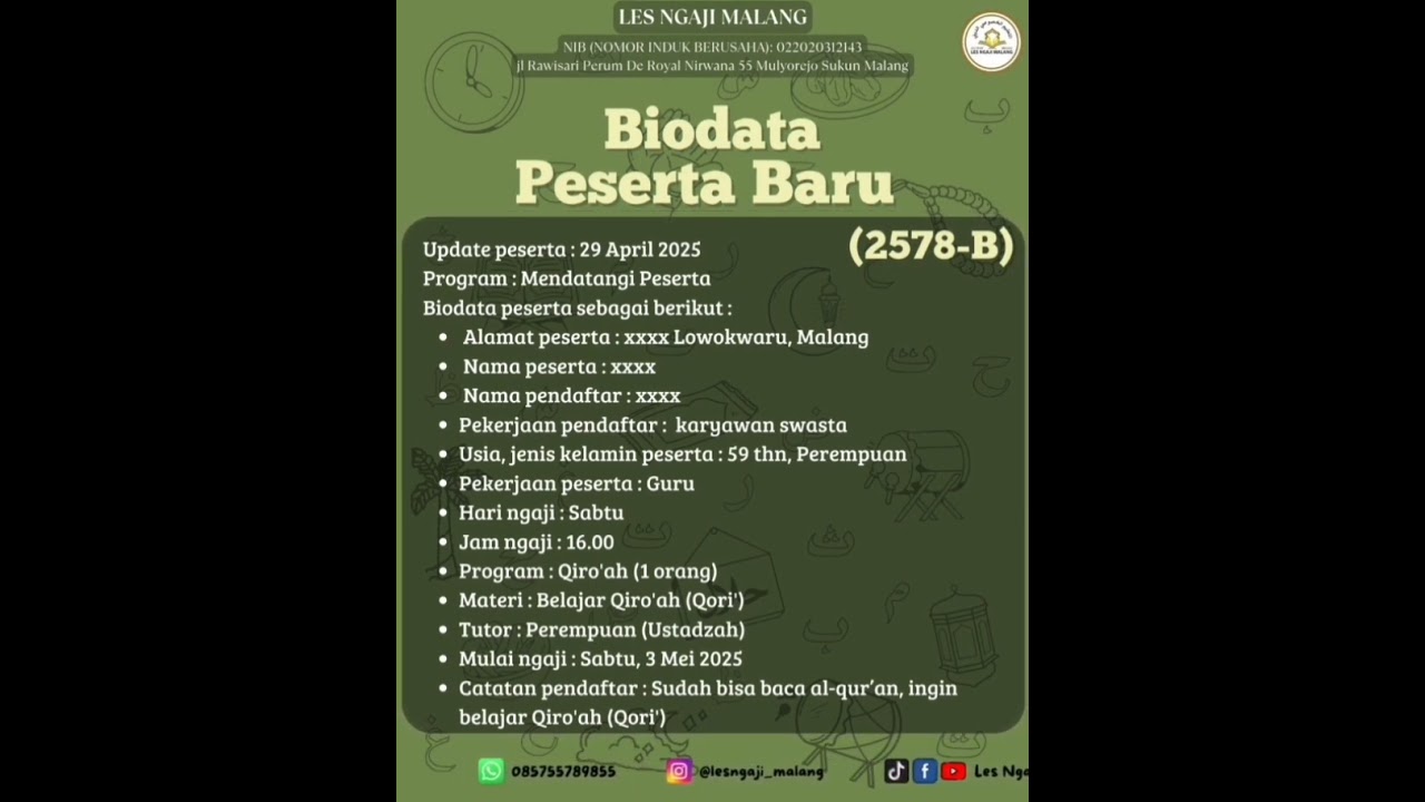 Peserta Baru 2578-B | WA: 085 755 789 855 | IG: lesngaji_malang 