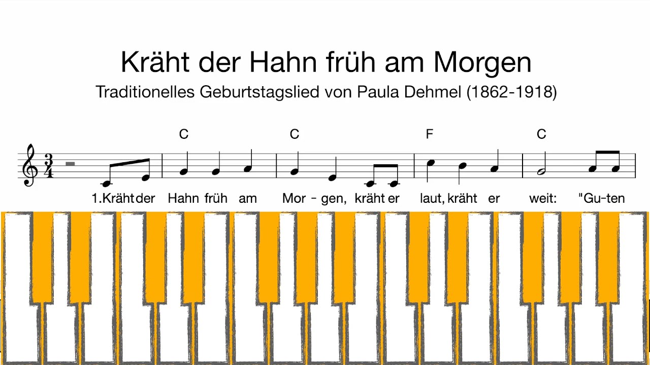 Klavier: Kräht der Hahn früh am Morgen (Klaviatur, Melodie, Akkorde
