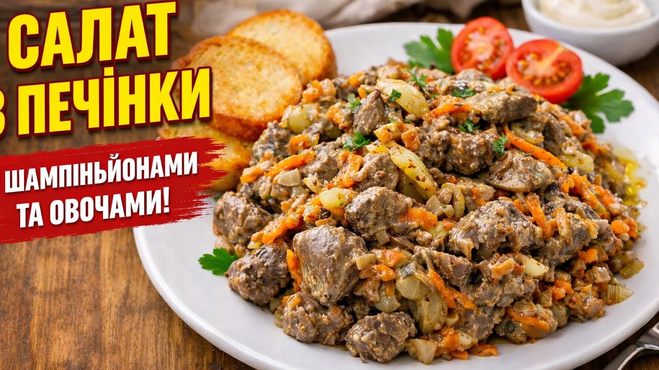 Салат з печінки та шампіньйонами. Теплий салат з печінкою.