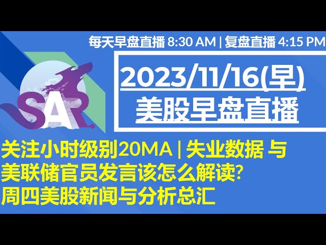 美股直播11/16[早盘] 关注小时级别20MA | 失业数据 与美联储官员发言该怎么解读? 周四美股新闻与分析总汇