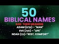 50 Biblical Names and Their Meanings, Adam (אָדָם) – "Man" Eve (חַוָּה) – "Life" Noah (נֹחַ)
