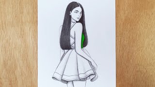 Girl Drawing - How to draw a girl with beautiful dress | pencil sketch | Easy girl drawing | Drawing