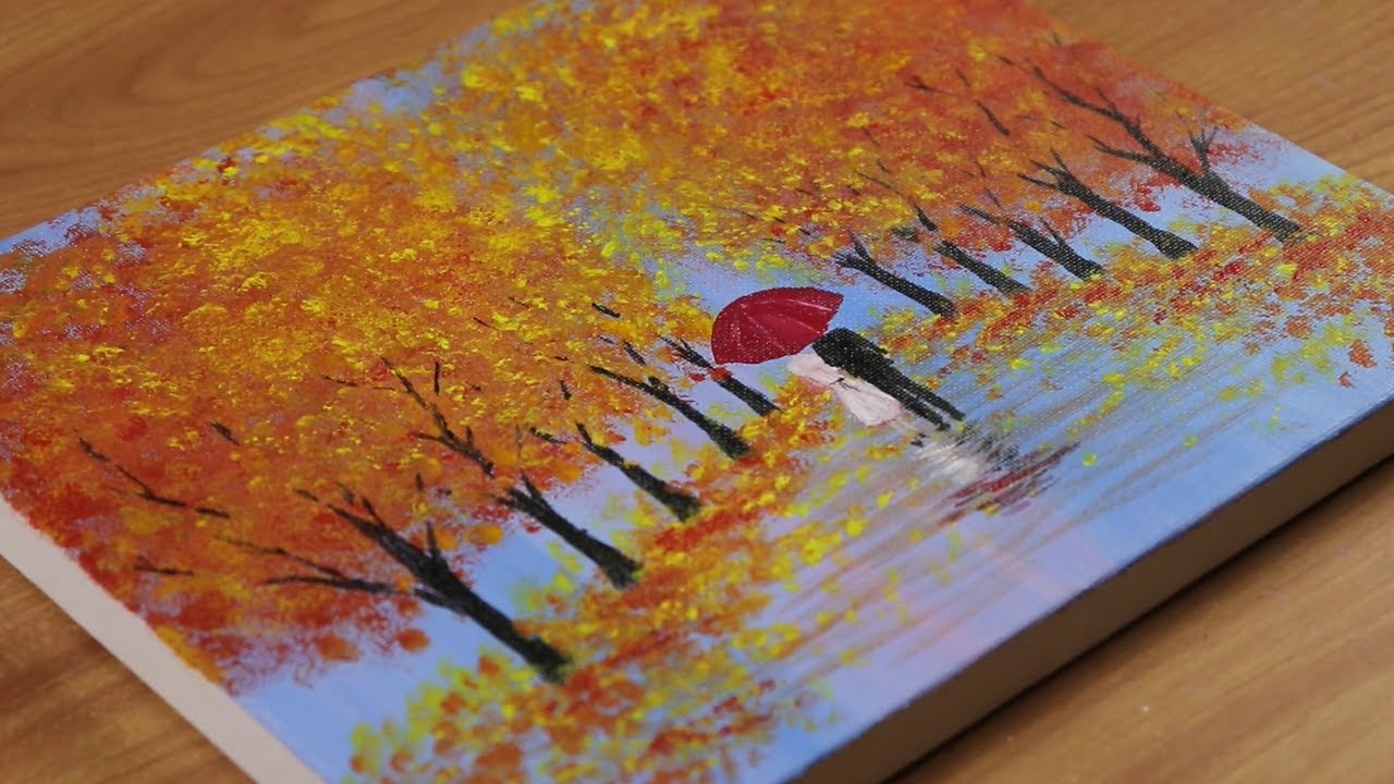 Couple on a Rainy Autumn, Red Umbrella, Acrylic Painting for Beginners