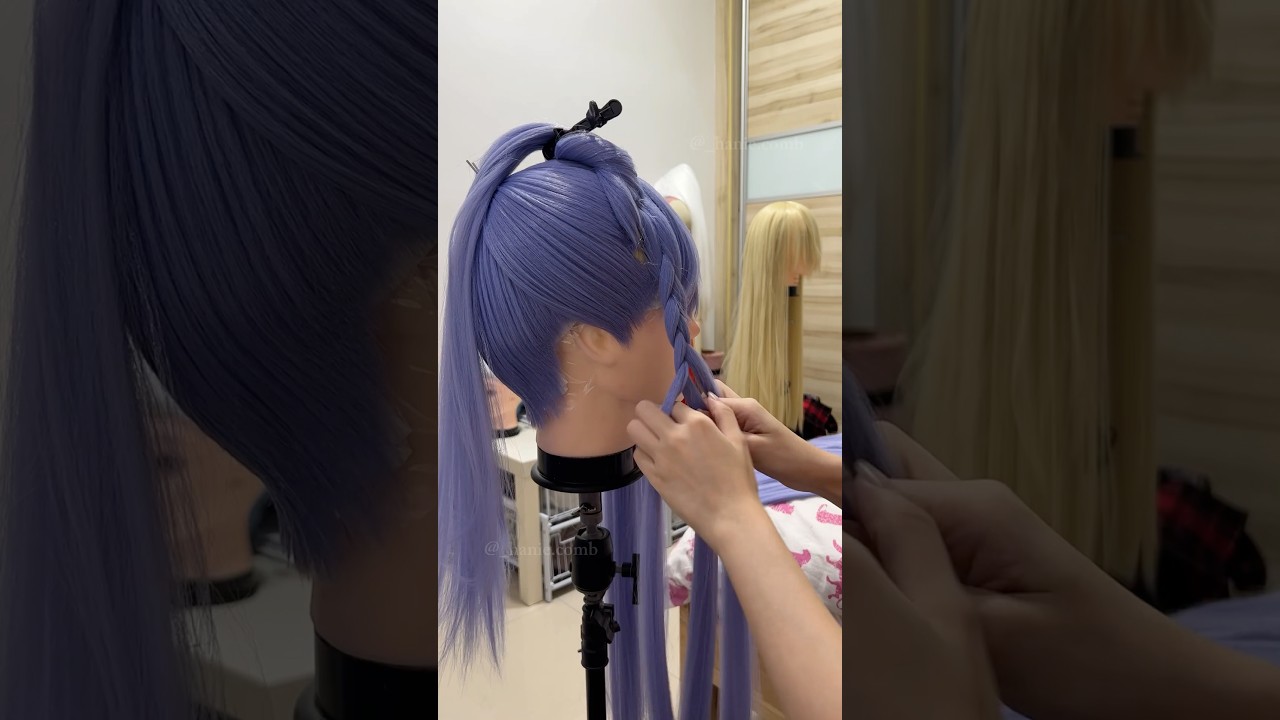 styling a ponytail with flowy bangs for Akafuyu from Arknights #wigs #arknights #cosplay