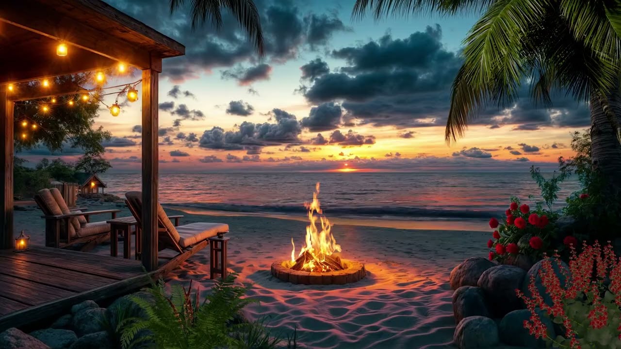 Deep Sleep by the Ocean 😴🌊 | Summer Sunset Beach Cabin & Cozy Campfire 🔥 (No Ads)
