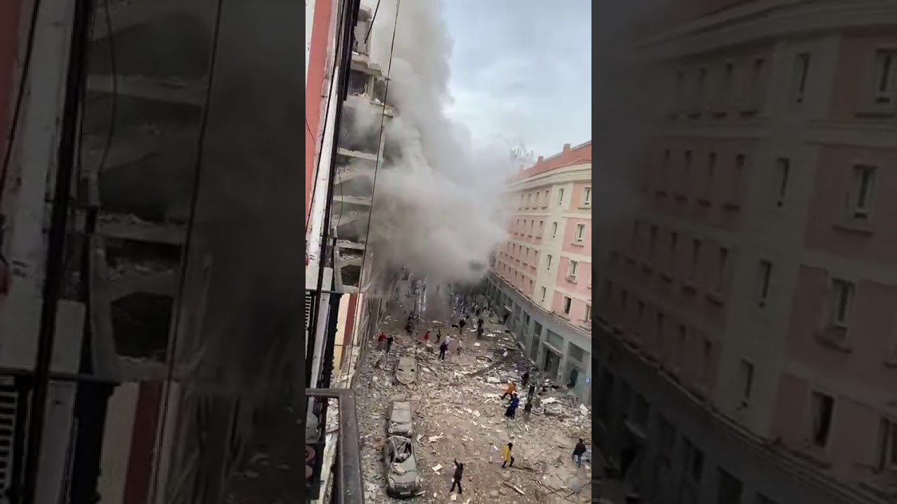 BREAKING : Large Explosion in central Madrid Spain, destroyed full building.