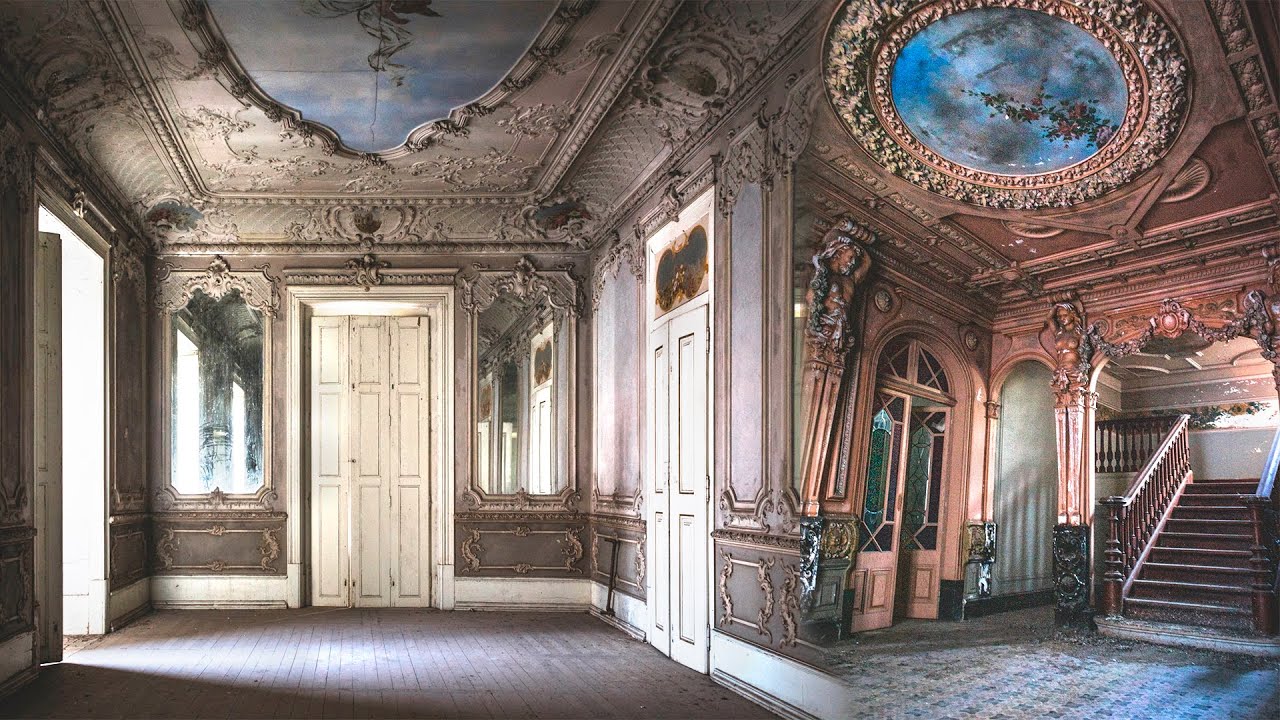 abandoned luxury mansion with grand chandelier