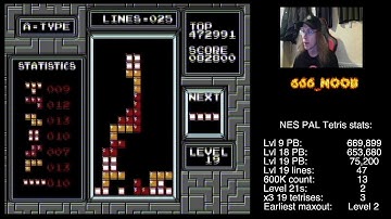NES Tetris (PAL) Lvl 19 PB (82k), 1st Lvl 20 tetris, almost 4 tetrises on 19