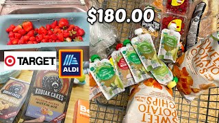 $180 Weekly food haul for family of 2 + toddler!! \& FOOD PREP! TARGET AND ALDI HAUL! 🍓🛒