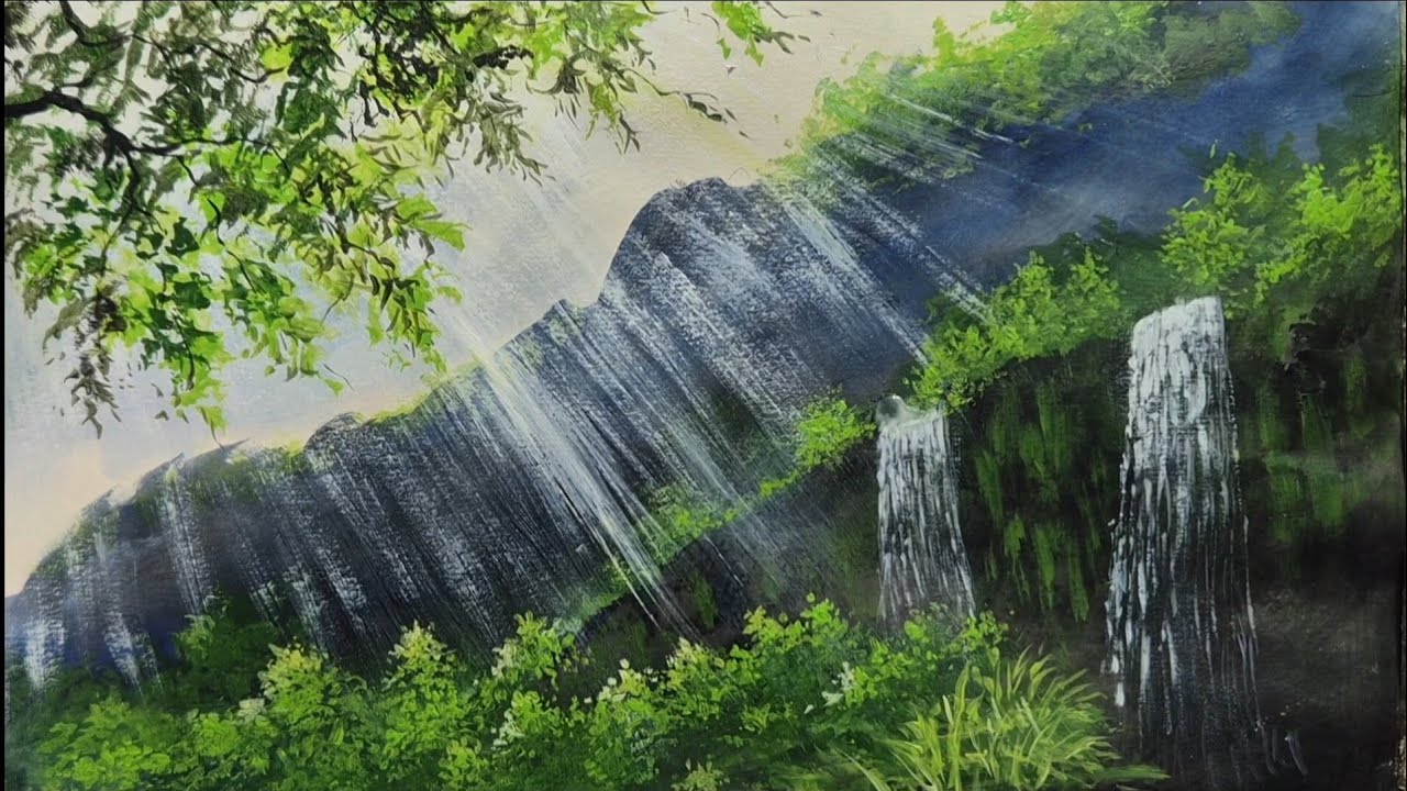 Beautiful Waterfall Landscape Painting | Mountain Nature Scenery Art