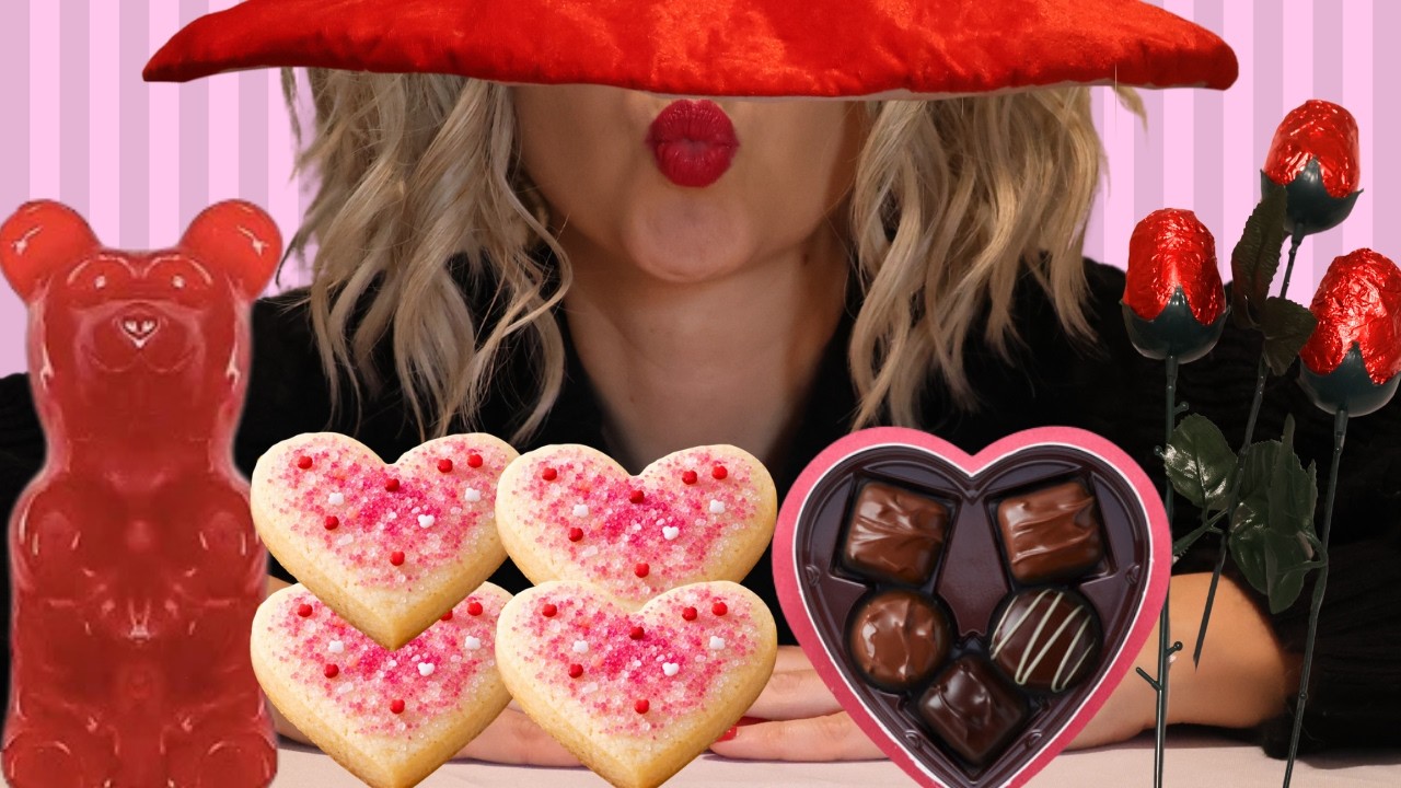 ASMR VALENTINES MUKBANG… Heart Shaped Food, Red + Pink Candy, Chocolates + More