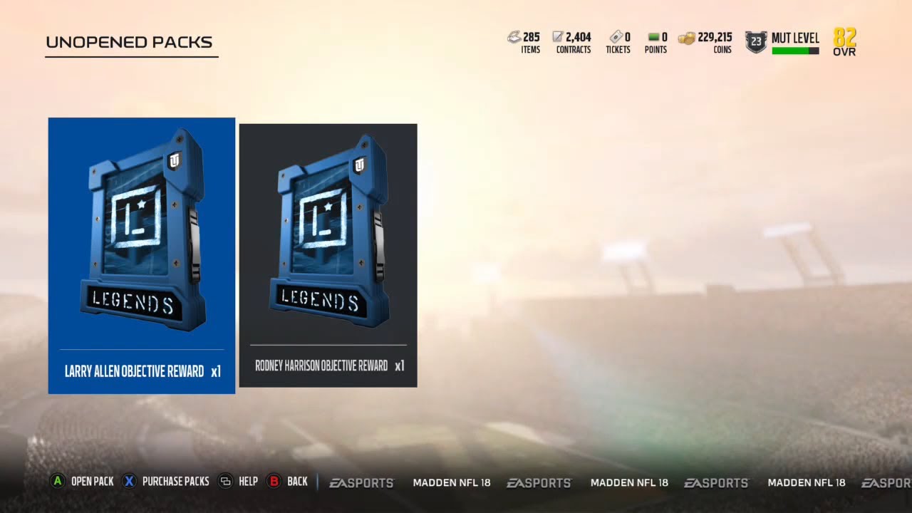 Madden 18 Ultimate Team Legend Objective Reward Larry Allen and Rodney Harrison Pack Opening