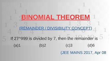 If 27^999 is divided by 7, then the remainder is #binomial #jeemainspyq #jeemains2017 #nda #cbse