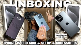 IPHONE 15 PRO MAX UNBOXING + SETUP & ACCESSORIES (Black Titanium) | PICKING UP IN STORE | MINI VLOG