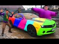 Apprendre les couleurs avec mr joe  purple fat man sur chevy camaro dans car service for kids