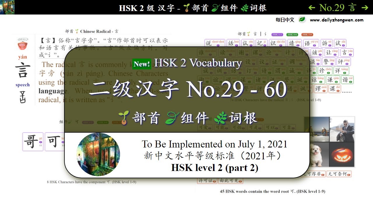 每日中文part 2 No 29 60 Radicals 部首 Components 组件 Word Roots词根 常用汉字hsk Hsk二级汉字 21 Youtube