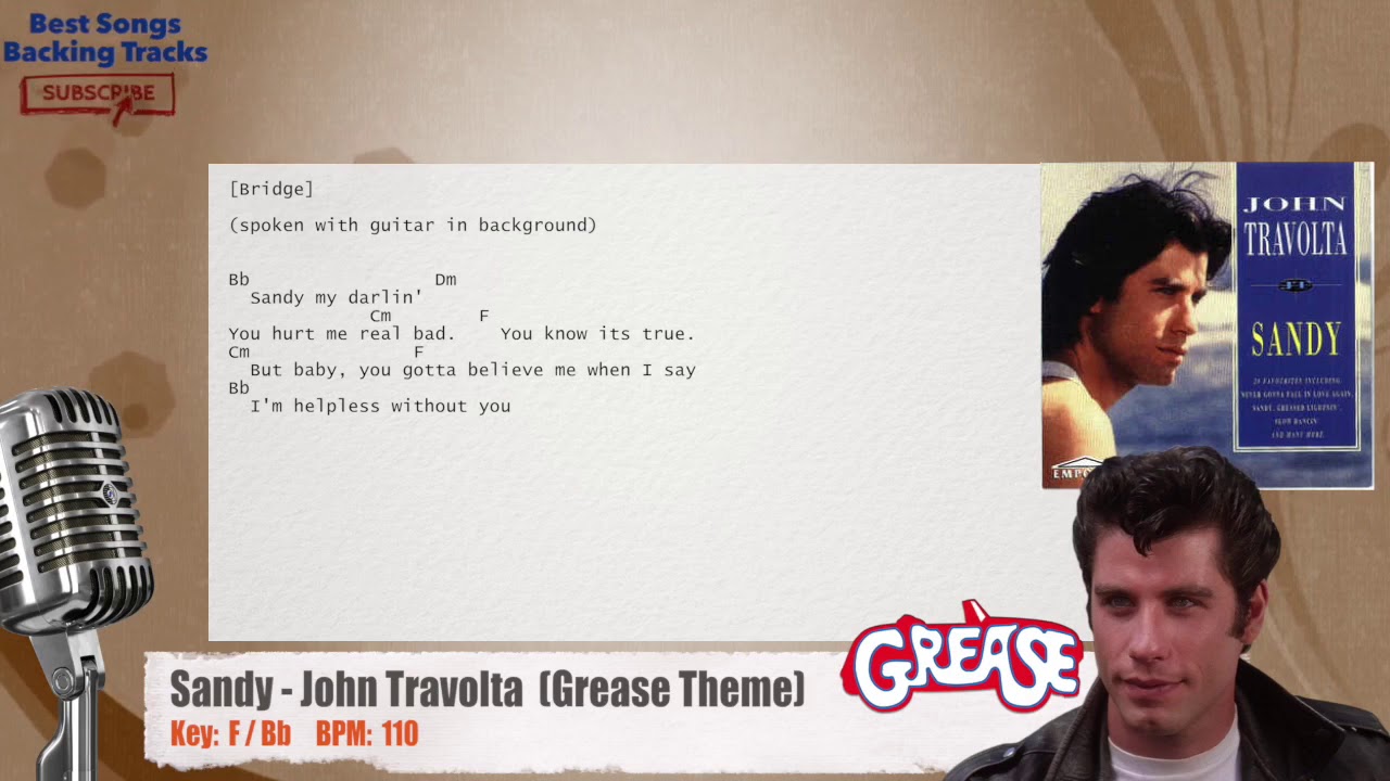 🎙 Sandy John Travolta (Grease Theme) Vocal Backing Track with chords and lyrics YouTube