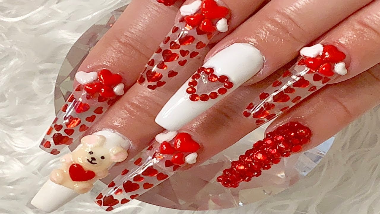 Teddy Bear Valentines Day Nails ️🧸 Encapsulated Red Heart Glitter🧸 ️