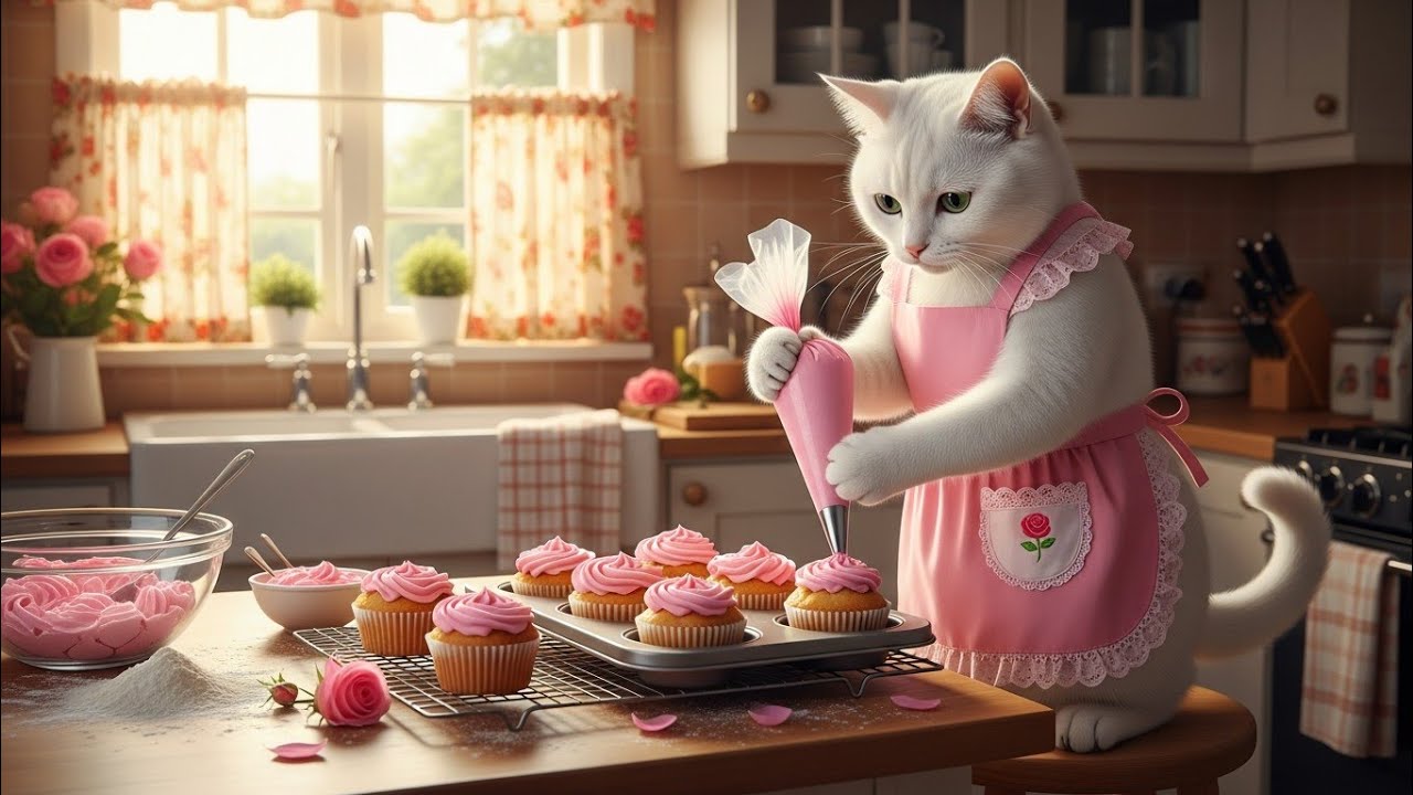 Mama cat makes yummy rose muffins and market sells tulip bouquets 