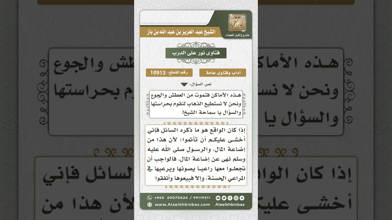 10913 - حكم ترك الأغنام بغير راع وأكل الذئاب منها والسباع - نور على الدرب