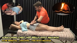 FEMALE ACNE REMOVAL - FIRE MASSAGE + CRACKS + ASMR foot,Leg,chest,belly,face,hip,back,Arm massage