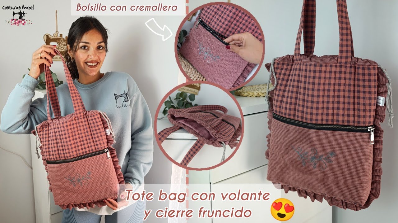 Tote bag con bolsillo frontal 🤐 volante 💃🏻 y cierre fruncido 🪡| Todo en 1 😍 #coser #diy #costura