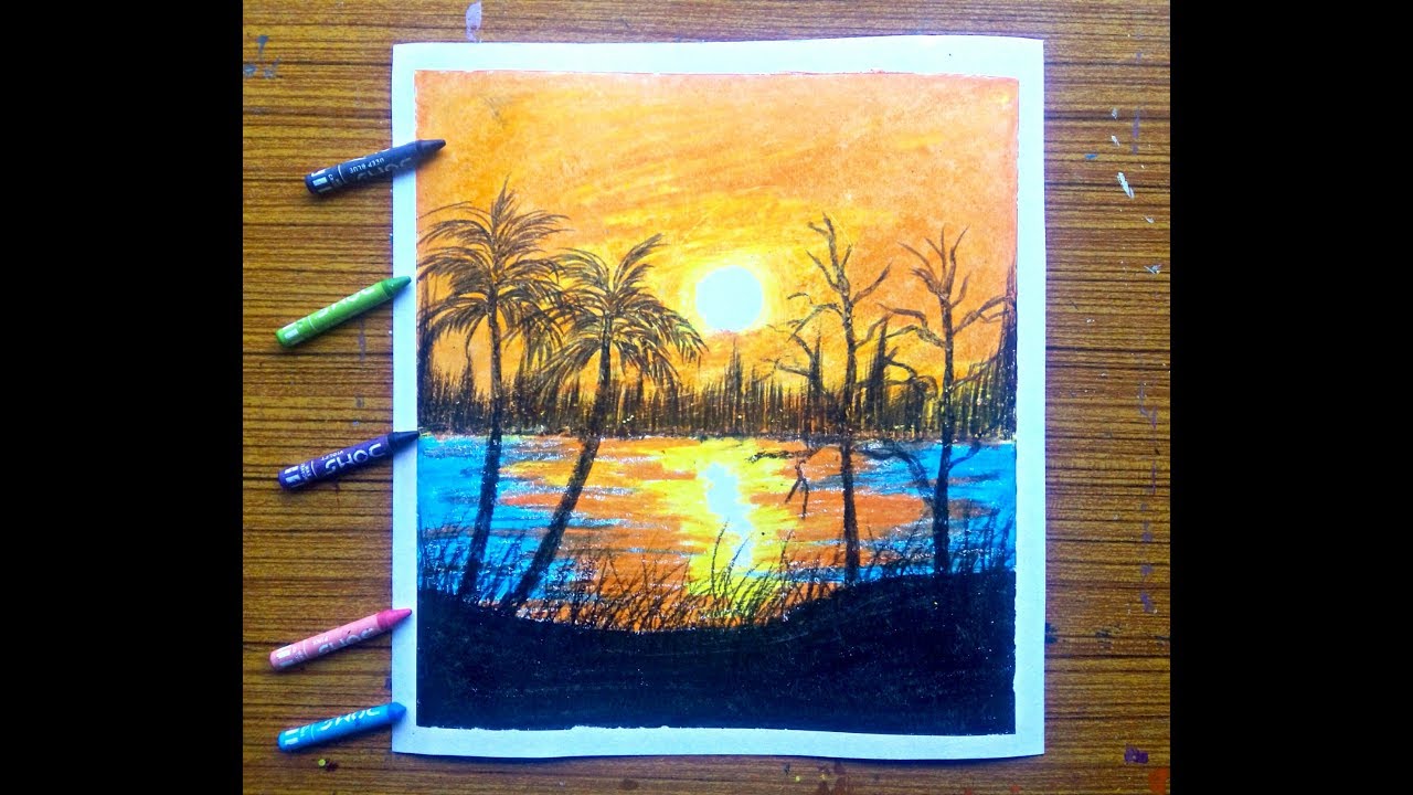 Moonlight and Sunset, Simple Painting Technique For Beginners, With Wax  Crayons