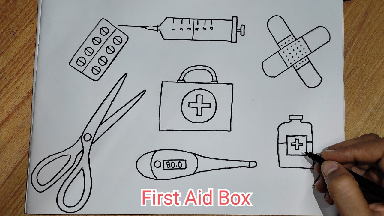 First Aid box drawing  How to draw Injection, Tablets, Medicine, scissor,  Band-Aid 