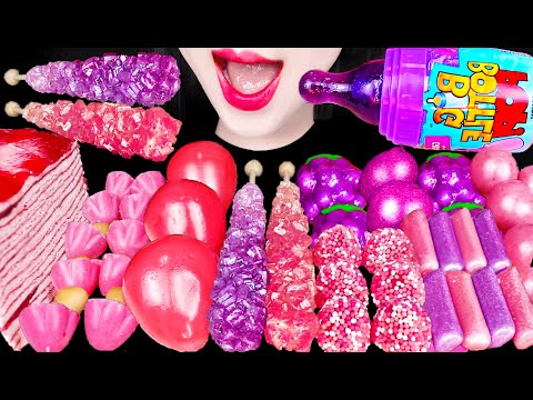 ASMR PINK PURPLE ROCK CANDY CREPE CAKE 핑크 퍼플 락캔디 크레이프 케이크 먹방 MUKBANG, EATING