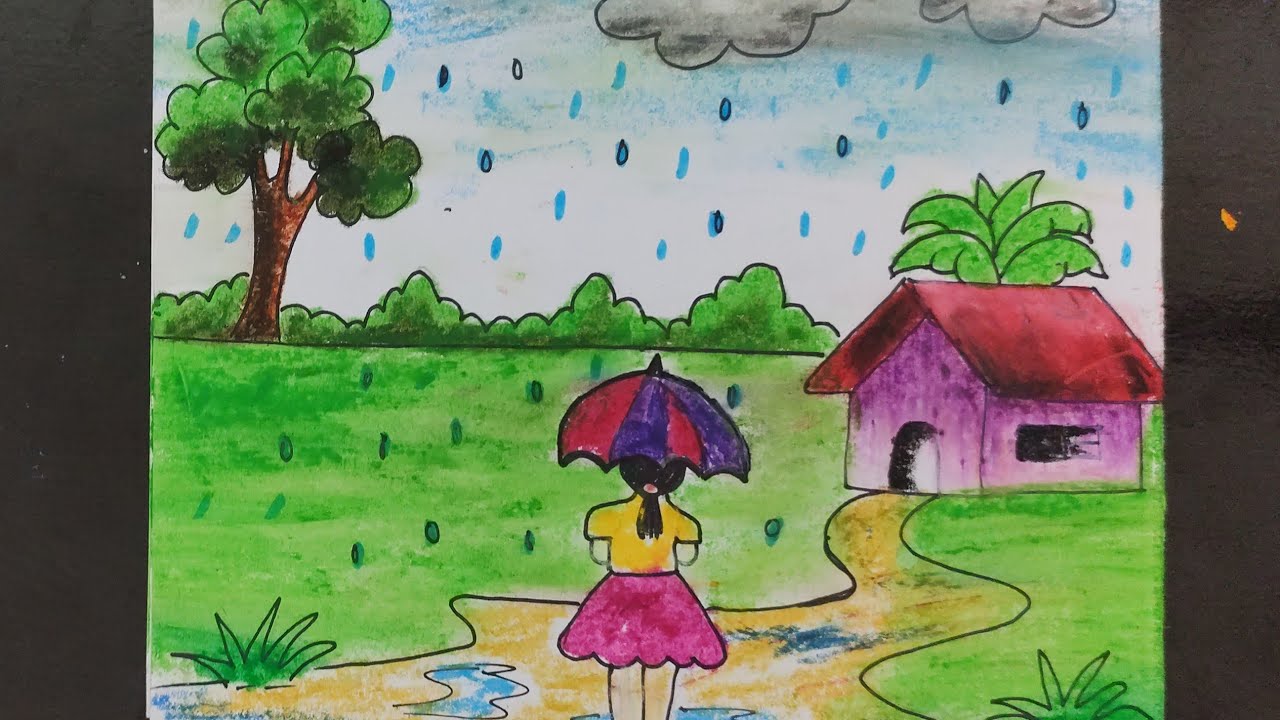 Rainy  season drawing ☔🌧️ || Drawing rainy season easy|| monsoon scenery drawing easy 