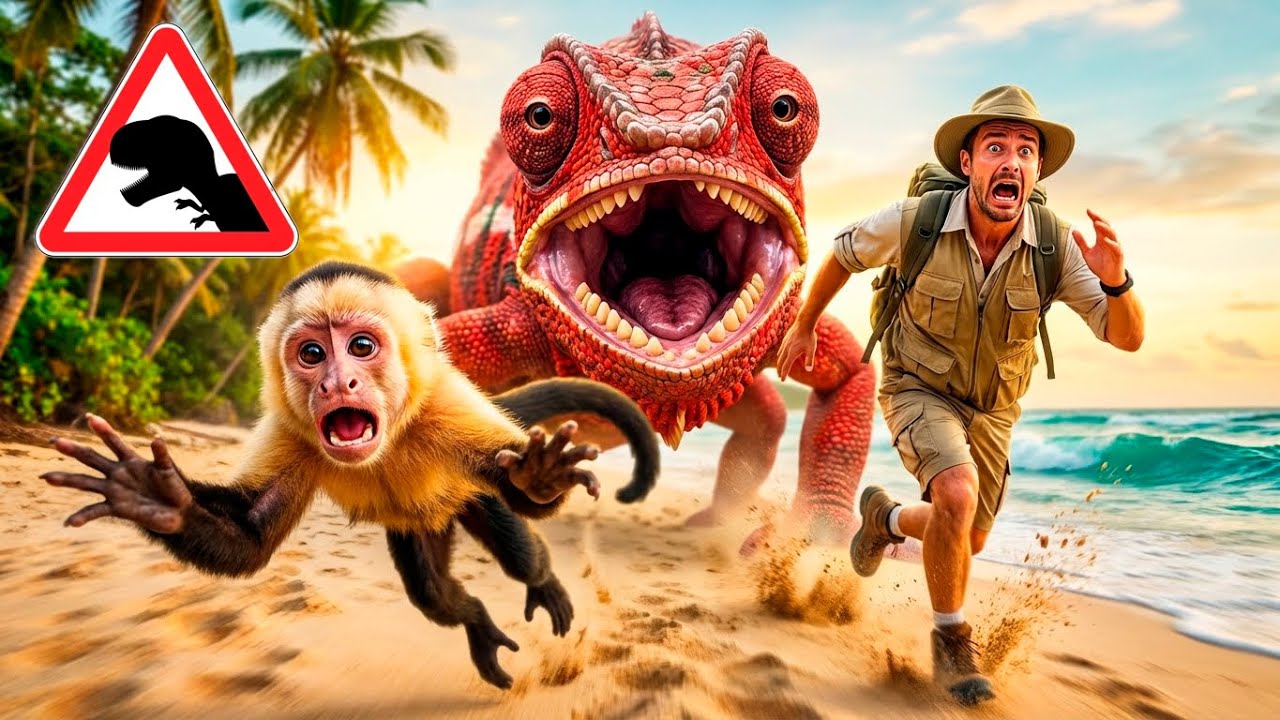 Giant Chameleon Attacks — Tiny Monkey Saved by Helicopter Rescue!