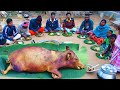 How to clean and cook full 60 kg pig  in the village style ll big pork meat traditional cooking