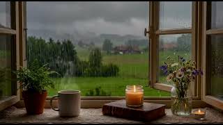 Cozy Rain on Window with a Misty Countryside View 🌧️ Heavy Rain Sounds for Sleep & Relaxation 4Hours