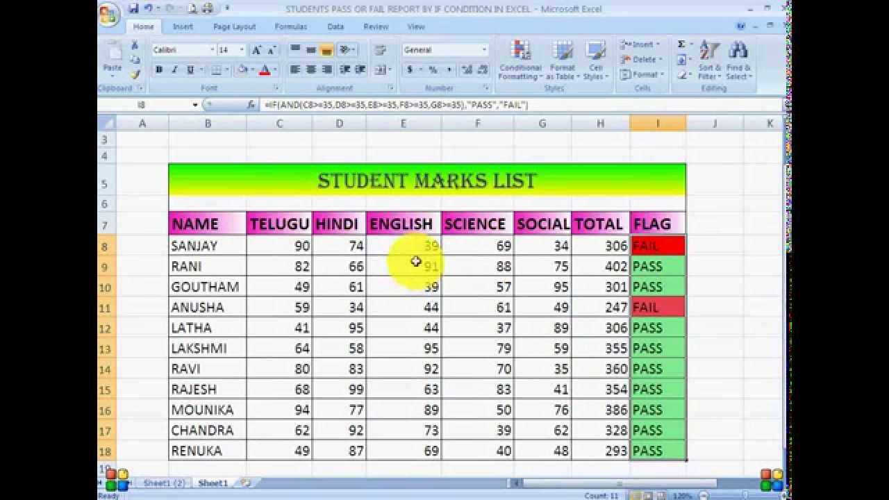 STUDENTS PASS OR FAIL REPORT BY USING IF CONDITION IN EXCEL 2007 - YouTube