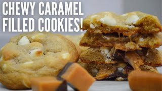 NY style white chocolate chip cookies with caramel! Easy stuffed cookie recipe