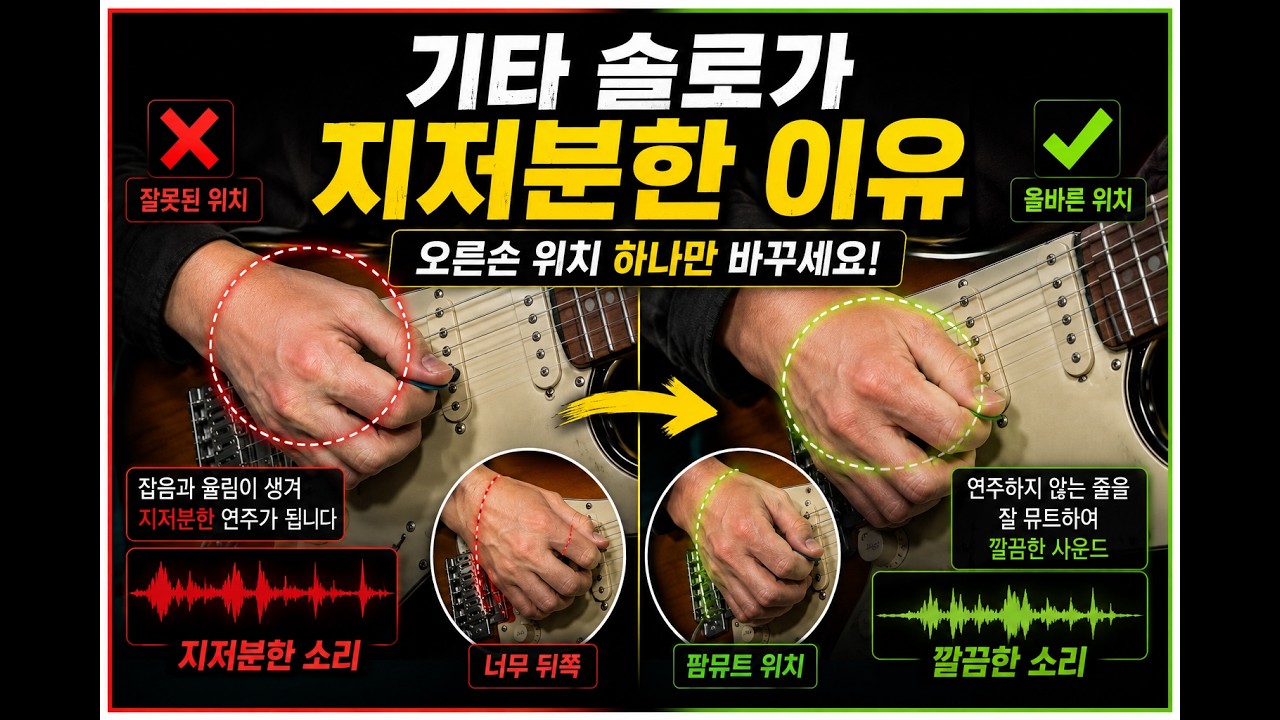 기타 솔로가 지저분한 이유 (오른손 위치 하나만 바꾸세요)