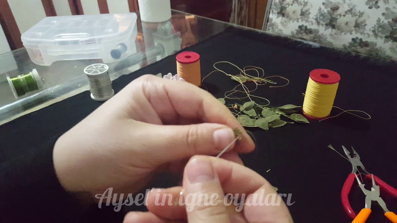 İğne oyası yeşil yaprak yapımı